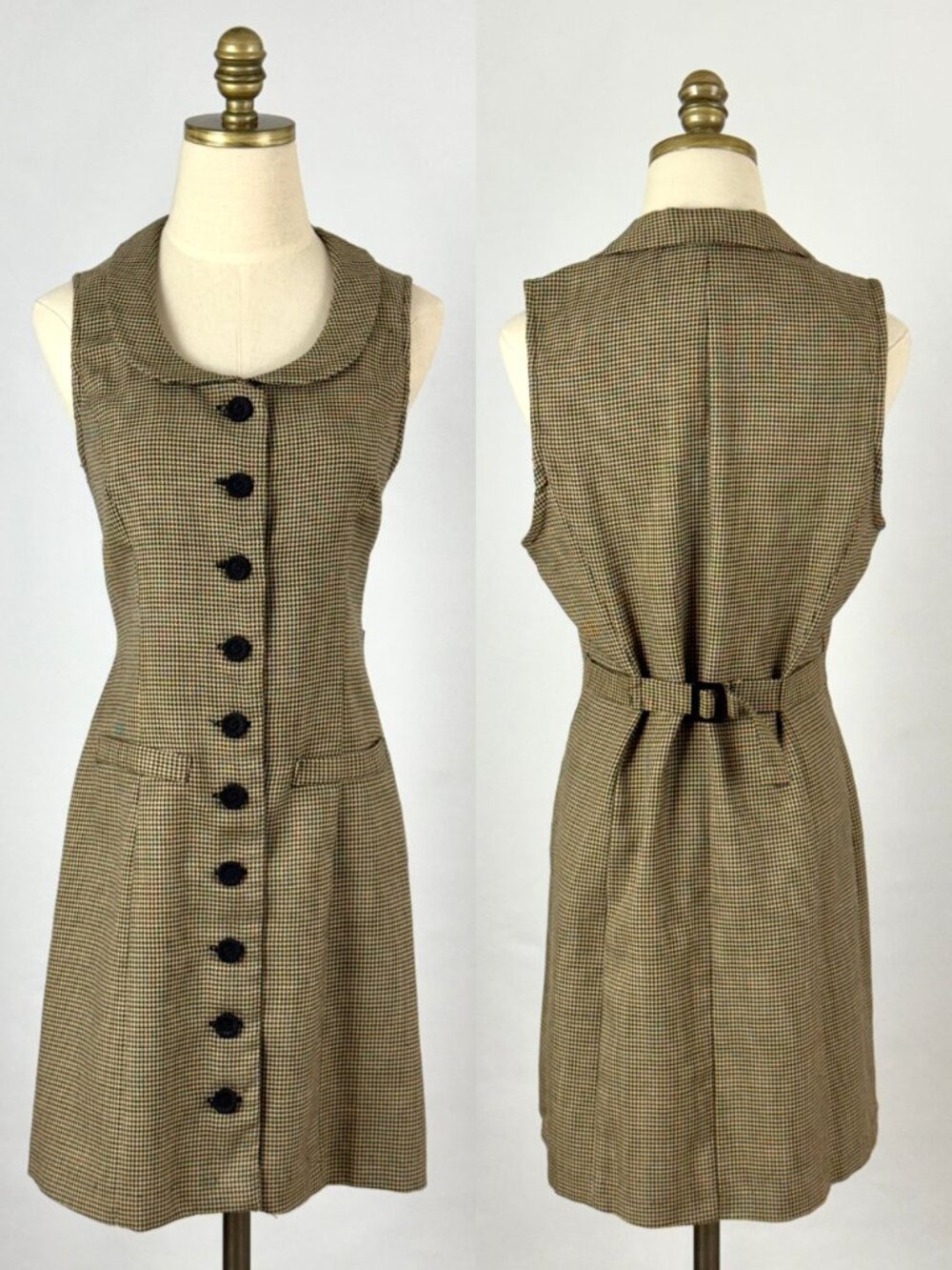 Vtg Mod 60s-Style Houndstooth Dress Button Front Peter Pan Collar Dark Academia